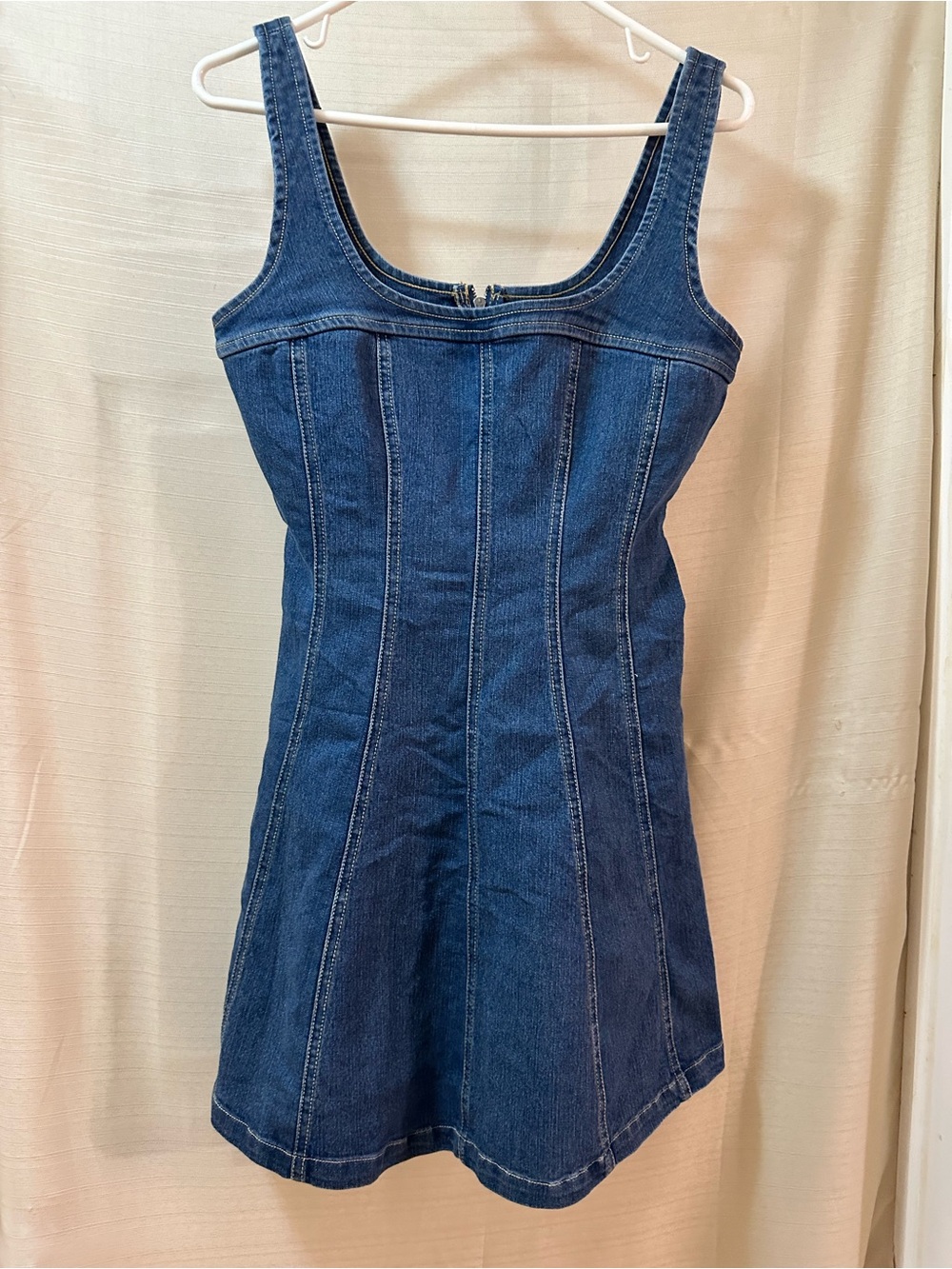 Love Fire Denim Mini Dress Small Square Neck Corset Seam Zip Back Jean